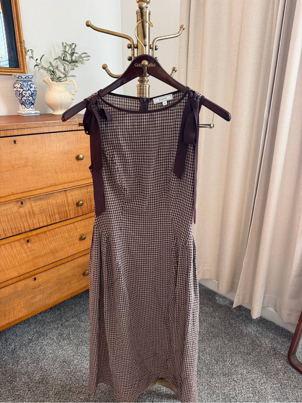 Rihoas Brown Gingham Tie-Shoulder Midi Dress